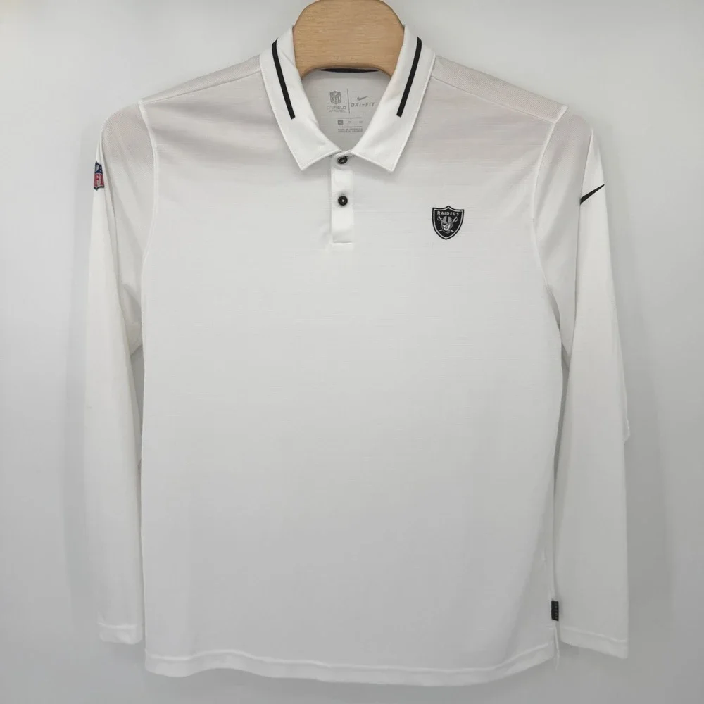 Nike Polo Shirt Mens XL White Las Vegas Raiders NFL Onfield Dri-FIT Long Sleeve